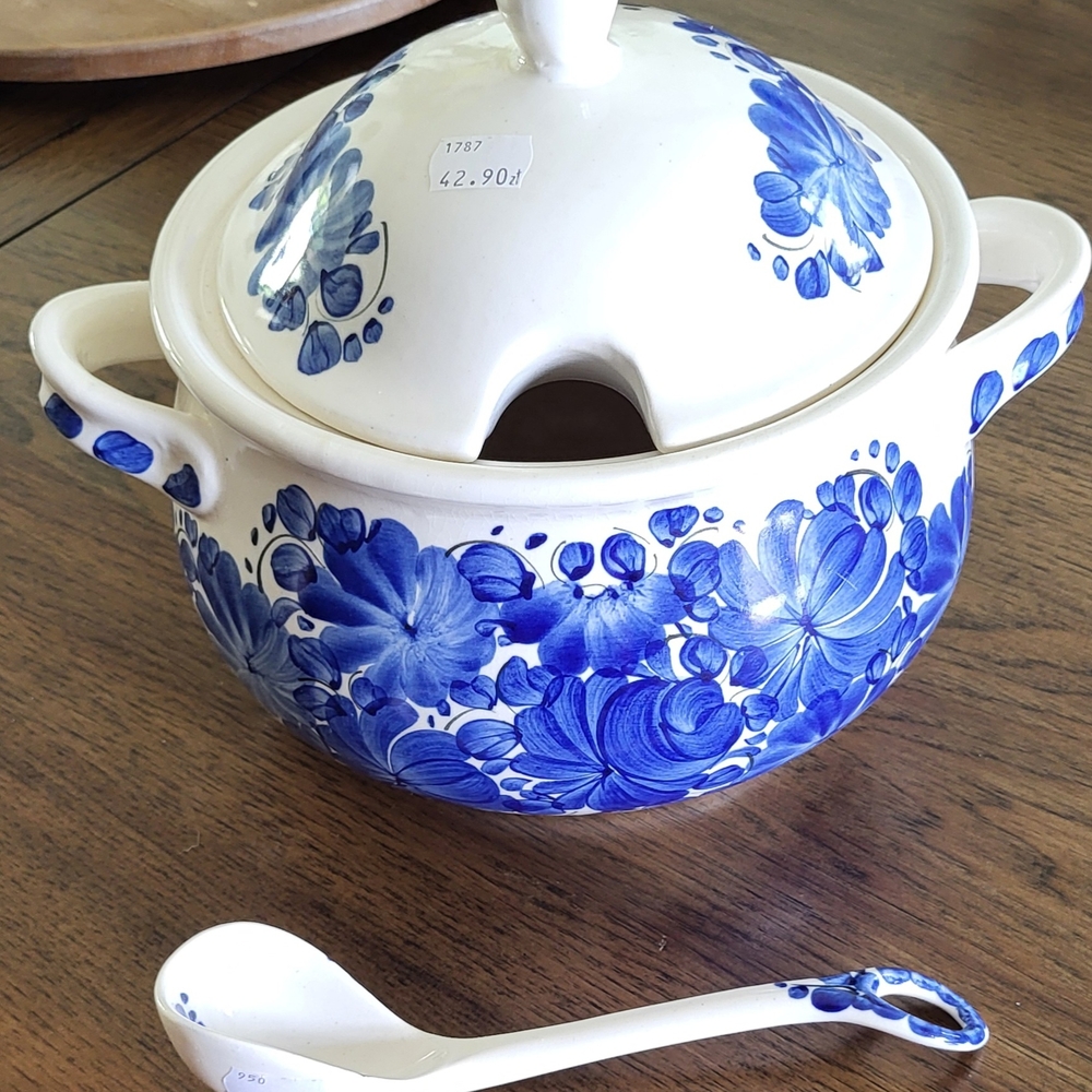 Ceramic Soup Tureen with Ladle - Blue Floral Design